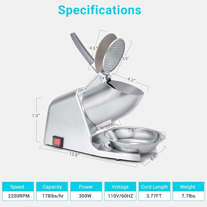 300W 178 lbs/hr ETL-Listed Dual Blade Electric Ice Shaver Machine with Ice Pick, Ice Crusher for Home Use and Commercial, Shaved Ice Machine, Ice Grinder, Silver