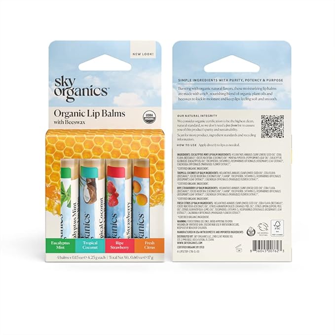 Sky Organics Organic Lip Balms With Beeswax for Lips, USDA Certified Organic, Four Assorted Flavors to Moisturize, Soothe & Soften, 4pk.
