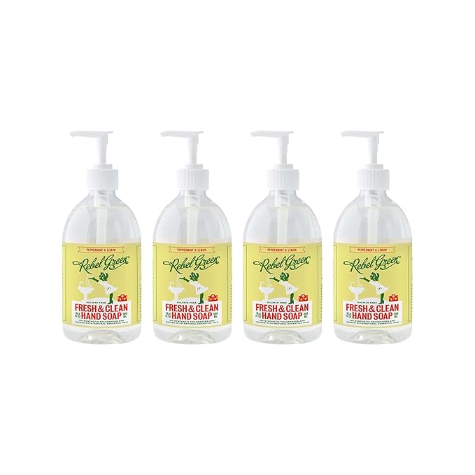 Rebel Green Liquid Hand Soap - Moisturizing Natural Bathroom & Kitchen Liquid Soap - Gentle Household Hand Wash (Peppermint and Lemon, 16.90 Fl Oz (Pack of 4))