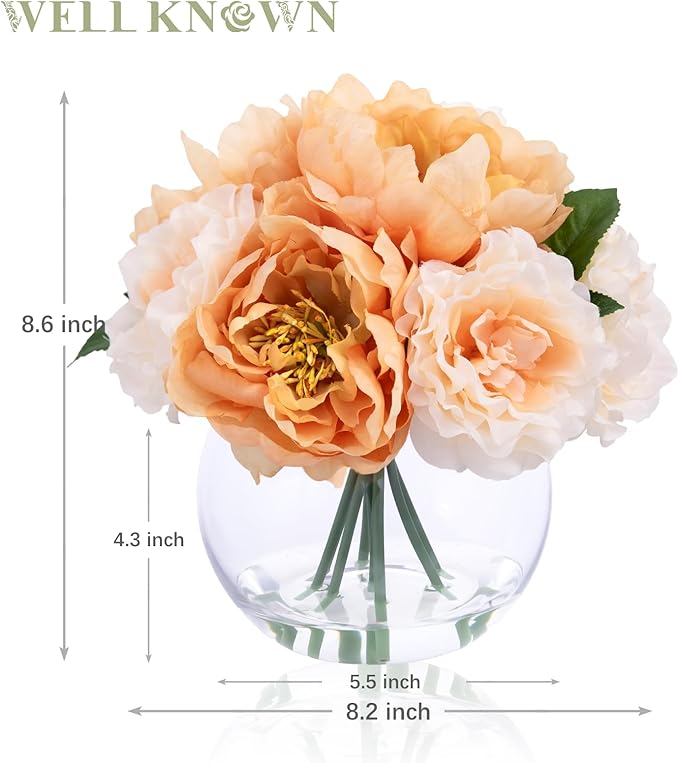 Artificial Flowers in Vase, Silk Peonies Flowers for vase with Faux Water for Coffee Table Decor, Fake Flower Arrangements Thanksgiving Fall Winter Dinning Table Centerpieces & Gift (Apricot & Nude)