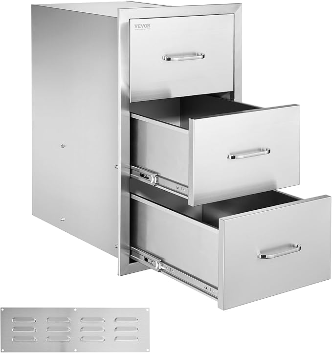 VEVOR Outdoor Kitchen Drawers, 16.5" W x 29" H x 20.5" D Triple Access Drawers, Stainless Steel Flush Mount Cabinets, BBQ Island Storage with Paper Towel Holder & Handle, for Patio Grill Station