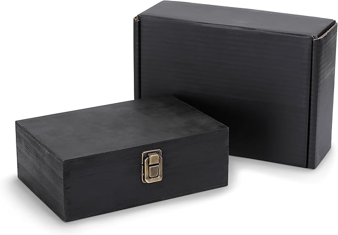 makerflo Large Black Pine Wood Memory Box with Black Felt Inside, Hinged with Clasp, Keepsake Wooden Box Ideal for Craft and Personalization (Laser Engraving, Epoxy, UV DTF, and Vinyl) – Pack of 1
