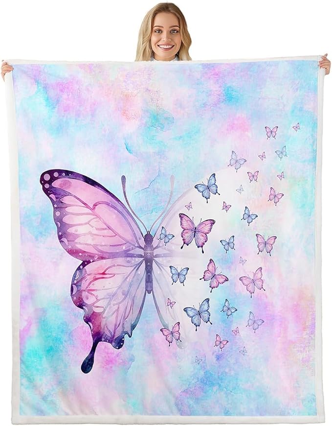 Feelyou Girls Gorgeous Butterflies Fleece Throw Blanket 40"x50" Kids Purple Blue Tie Dye Sherpa Blanket Plush Fuzzy for Bed Couch Chair Living Room, Butterflies Lover Bed Blanket Room Decor