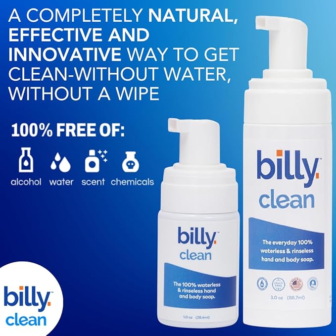 Billy Clean Mix 100% Natural No Rinse Waterless Soap, Hand and Body, Travel Size Foaming Hand Sanitizer Alcohol Free, Elderly and Kids