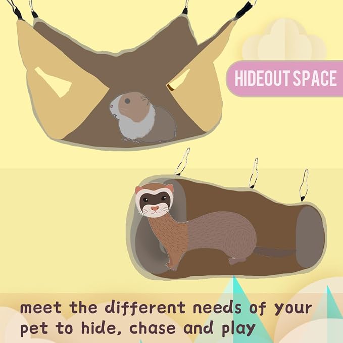 EAEDMY Ferret Rat Hammock Tunnel Toys Cage Accessories, Guinea Pig Hideout Tunnel, Warm Bed for Rat Ferret Guinea Pig Sleep Hide and Play (1.Hammock&Tunnel)