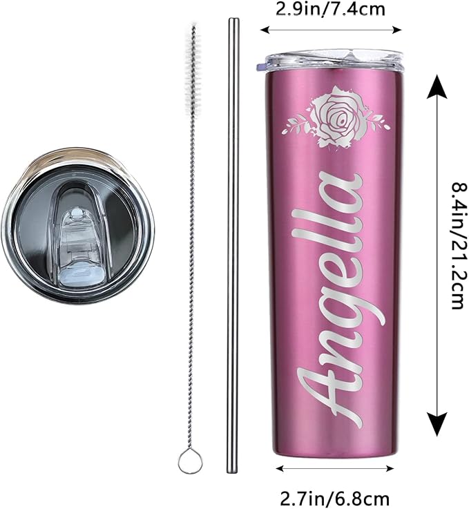 Personalized Skinny Tumbler with Lid and Straw Custom Engraved Insulated Stainless Steel Cup with Name Text Customized Gifts for Women Men Him Her Dad Mom 20oz
