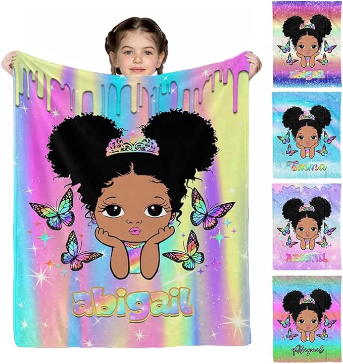 D-Story Custom Blanket with Name Text, Personalized Flannel Throws for Black Girls - Customized Gift for Kids