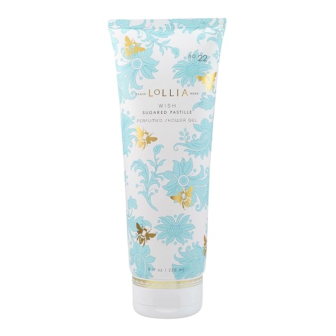 LOLLIA Wish Shower Gel, 8 fl oz, Vanilla Bean, Rice Flower, Jasmine Leaves, & Sugar Cane, Luxury Shea Moisture Hydrating Women's Body Wash, Delicate & Relaxing Scented Bath Soap for Self Care