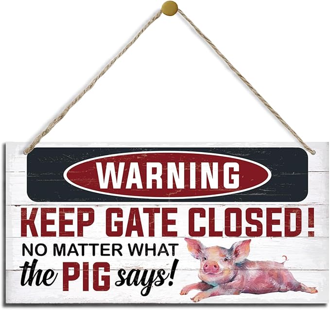 Warning Signs, Keep Gate Closed Pig Sign, Decorative Wood Hanging Wood Plaque, Warning Animal Pigs Sign, Funny Novelty Caution Pig Signs for Farm Fence Wall Gate Decor, Rustic Wall Plaque
