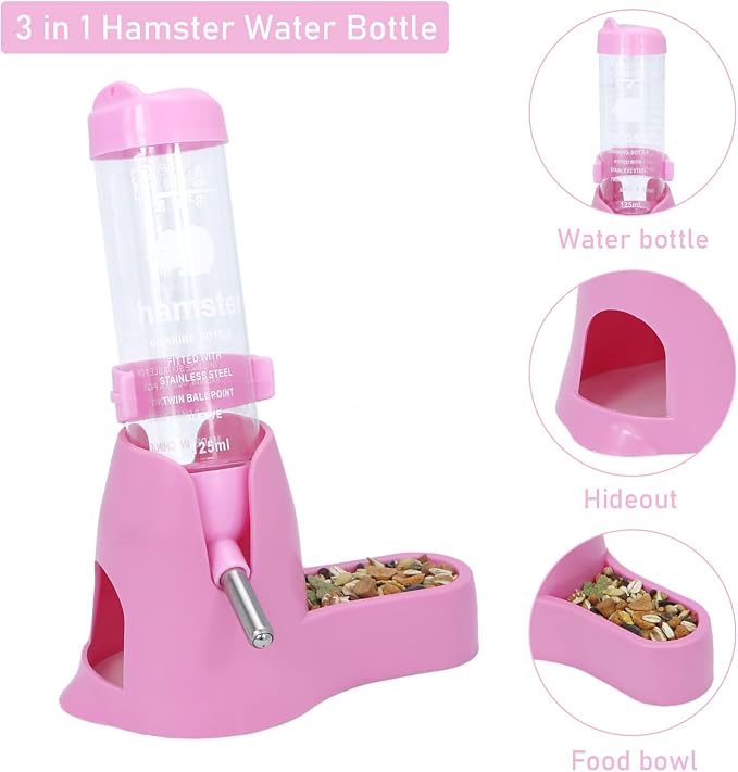 Wontee 3 in 1 Hamster Water Bottle with Food Bowl Hideout Base, 125ML, Pink | Water dispenser, food container, hideout, stable base, easy to refill, for glass tank/cage, dwarf hamster/mouse/gerbil, 4.2oz