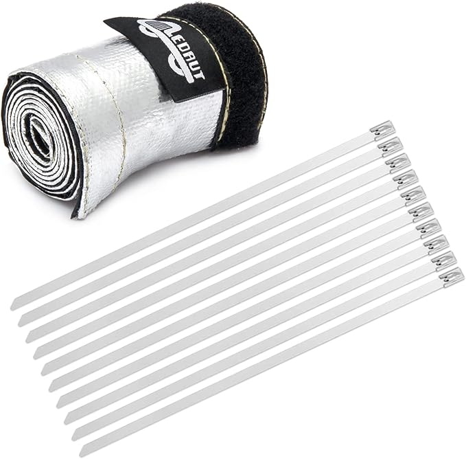 Heat Shroud Aluminized Sleeving Heat Shield fuel line wire heat sleeve 3/4" I.D. x 3FT with 10 Pcs 7.8Inch Stainless Steel Cable Metal Zip Ties