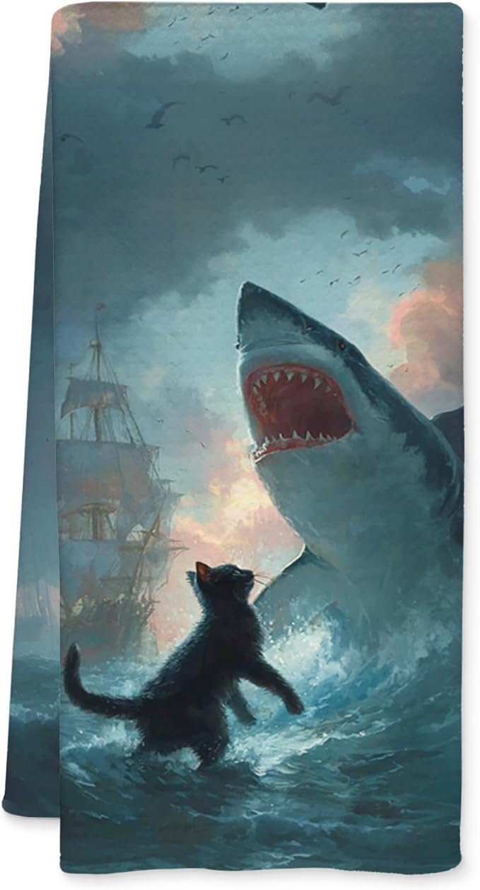 Funny Coastal Beach Cat Shark Kitchen Towels, Funny Cat Mom Lovers Gifts Dish Tea Towels for Kitchen Decor, Ocean Black Kitty Shark Decorative Hand Towel for Bathroom Decor, 16x24 Inch