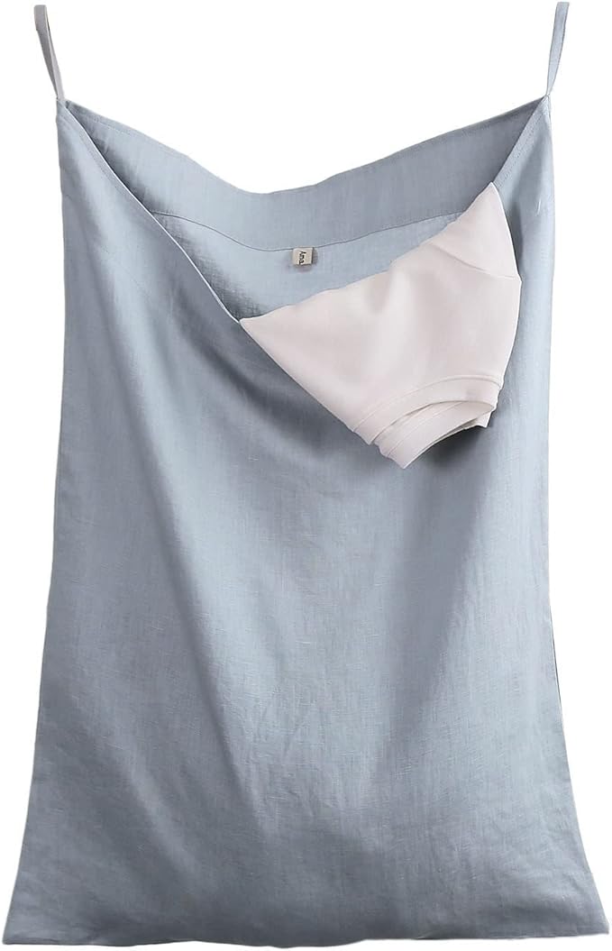 Amazhiyu Pure Linen Over The Door Laundry Hanging Hamper Bag for Holding Dirty Clothes and Saving Space Dusty Blue