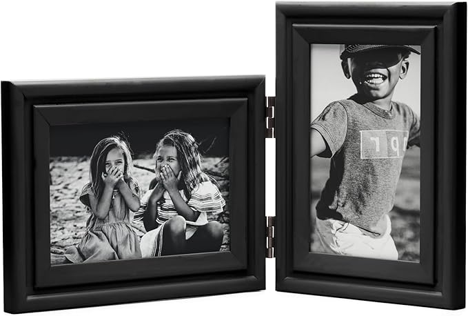 Horizontal & Verticall 4X6 Picture Frames Double Hinged Wood Folding Photo Frames with Real Glass Front Fit for Desktop or Tabletop, Black XHEI-H64-V46