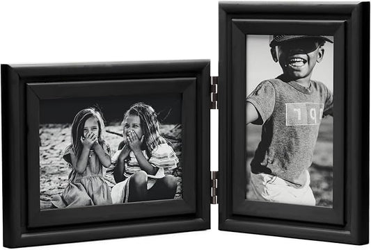 Horizontal & Verticall 4X6 Picture Frames Double Hinged Wood Folding Photo Frames with Real Glass Front Fit for Desktop or Tabletop, Black XHEI-H64-V46