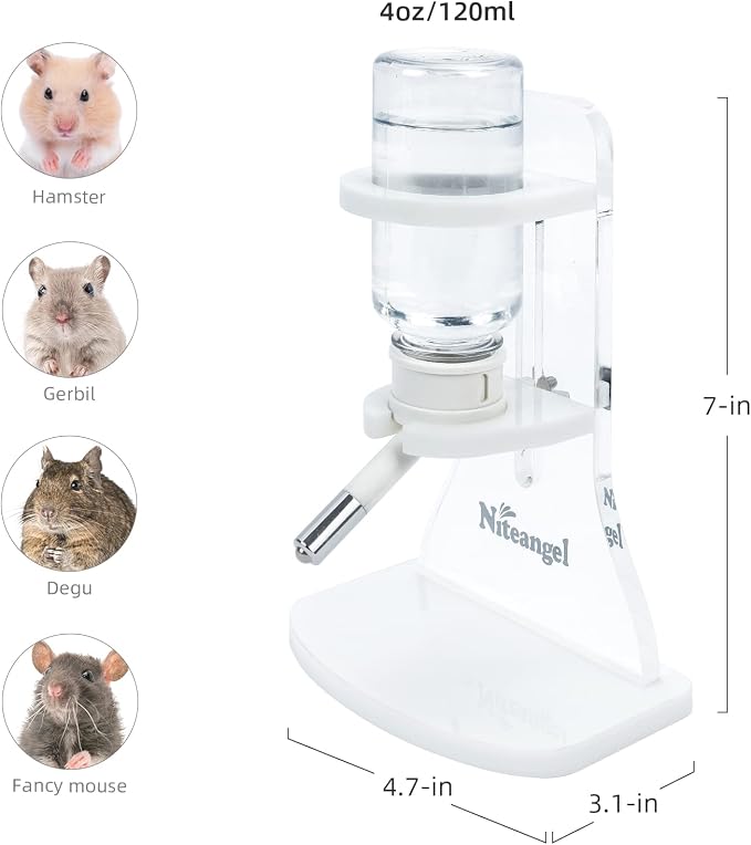 Niteangel Hamster Water Bottle with Stand: 4oz/120ml Capacity & Leak-Proof | Adjustable Height - Far Away Cage Mess & Wet Bedding Water Dispenser for Syrian Dwarf Hamster Gerbils Mice Rat Or Small Pets