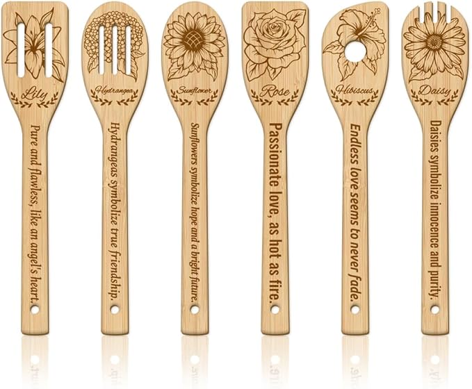 GLOBLELAND 6Pcs Flowers Bamboo Cooking Utensils Wooden Engraved Cooking Spoons Set Carving Kitchen Bamboo Spatula Set for Women and Men Wood Cooking Spoon for Kitchen House Warming Gift