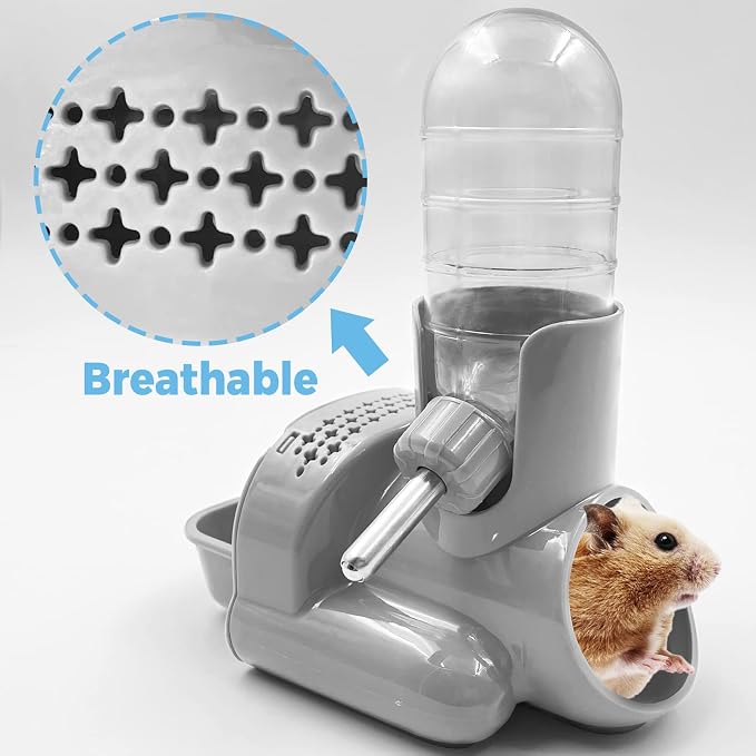 VANNON 3-in-1 Hamster Water Bottle with Food Bowl & Hideout Base, Grey | 3-in-1 feeding station combines water, food and hideout space to help keep hamster cages organized and easy to maintain.
