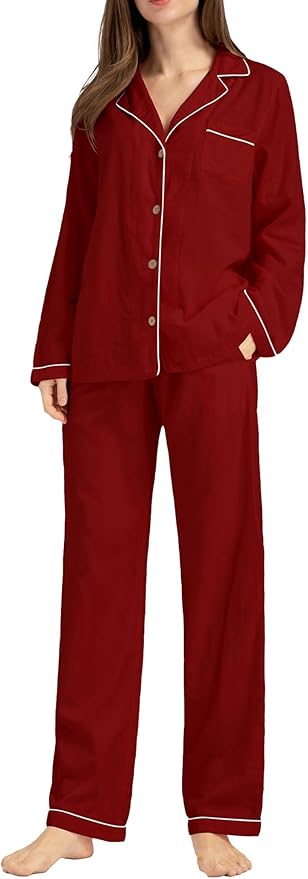 Womens Pajama Sets 100% Double Gauze Cotton Linen Like Muslin Pajamas Long Sleeve Button Down Sleepwear Soft Pjs Lounge Set