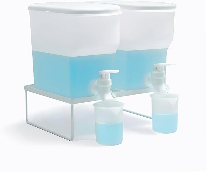 Laundry Detergent Dispenser Set, 105oz (3L) Easy-Pour Leak-Proof Bottles with Spout Plug Caps,Measuring Cups & Stand–2 Refillable Semi-Transparent Soap Containers for Laundry Room Organization