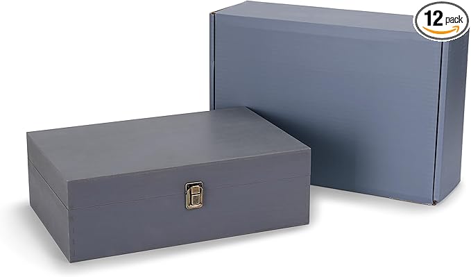 makerflo XL Grey Pine Wood Memory Box with Black Felt Inside, Hinged with Clasp, Keepsake Wooden Box Ideal for Craft and Personalization (Laser Engraving, Epoxy, UV DTF, and Vinyl) – Pack of 12