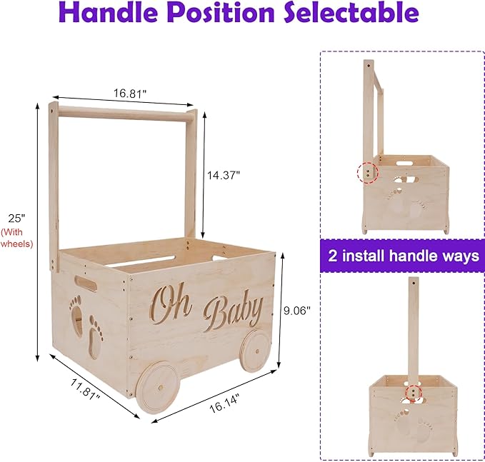 Baby Shower Gifts Baskets, Wooden Baby Closet Gifting for Newborn Boys and Girls, Wood Crate Box with Handle and Wheels, Personalized Cute Babyshower Decorations Basket for New Born