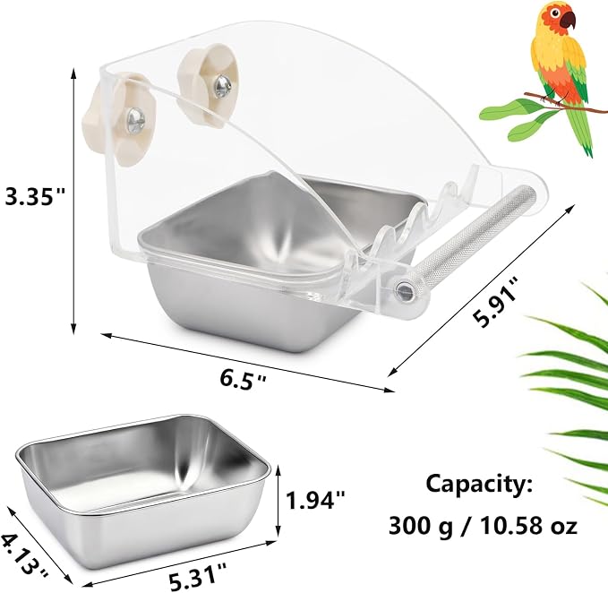 Hypeety Transparent No Mess Bird Feeder for Cage with Anti-Slip Perch | Clear acrylic cage feeder, stainless steel food bowl, easy to install, fits most cages, for parrots/cockatiels/conures/quaker