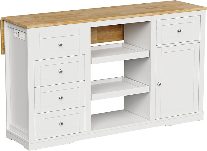 RoyalCraft 59'' Inch Kitchen Island with Storage and Drop Leaf, Island Table for Kitchen, Coffee Station Cabinet with Rubber Wood Top, Pull-Out Trays, Drawers, Adjustable Shelf, Power Outlet, White