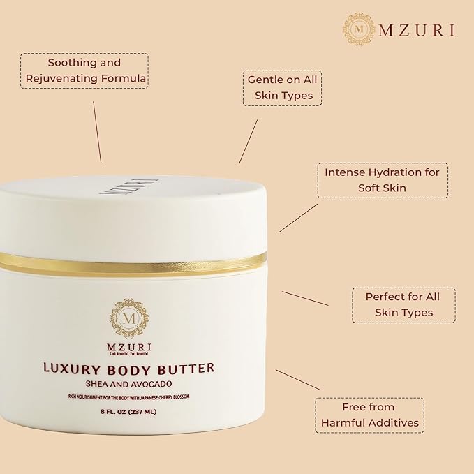 MZURI Body Butter, Whipped Shea and Avocado Blend, Fast-Absorbing, Deep Moisturizing Cream with Essential Oils, Non-Greasy, Natural Skincare for Dry, Glowing Skin, Organic Butter - 8 Fl. Oz