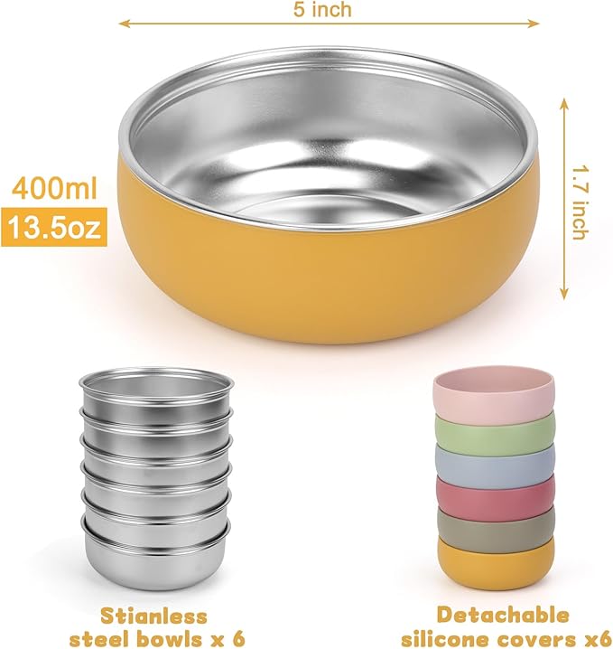 ShineMe Stainless Steel Bowls, 6 pack Snack Containers with Removable Colorful Silicone Sleeves, Unbreakable Kids Bowls for Icecream, Soup, Cereal, Yogurt...