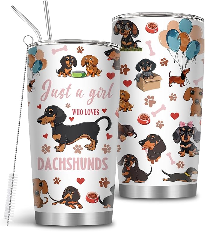 20oz Stainless Steel Just a Girl Who Loves Dachshunds Tumblers for Women | Dachshunds Gifts, Wieners Gift for Women, Dog Tumblers with Brush & Straw, Gifts for Thanksgiving Christmas, 1 PCS