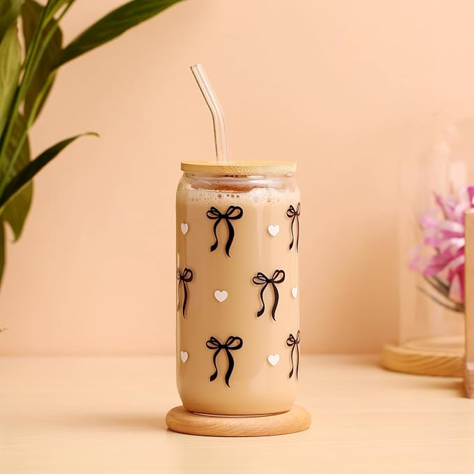 Coquette Black Bow Aesthetic Cup With Gift Box 16oz Glass Cup with Lids Straws and Black Bow Iced Coffee Smoothie Cute Tumbler with Cleaning Brush for Girls Bestfriend Sister Girlfriend, Preppy Stuff