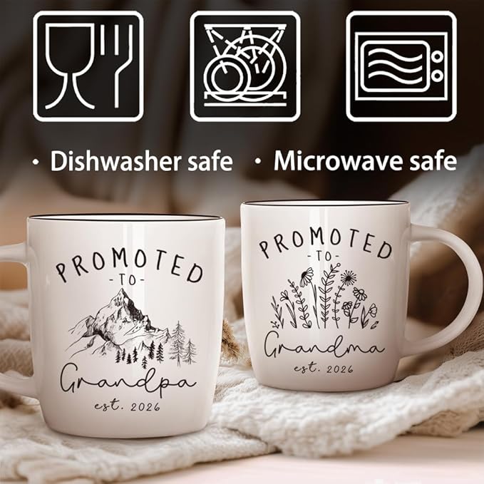 Promoted to Grandparents 2026 Coffee Mugs Set，Est 2026 Mug Set Pregnancy Announcement for Grandma Grandpa, New Grandparent Reveal Ceramic Cups, Expecting Baby Reveal Gift for Parents to Be，13oz