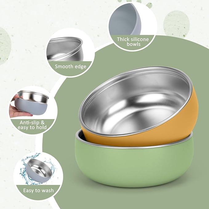 ShineMe Baby Bowls 2 Pack, Stainless Steel Bowls for Kids with Detachable Thick Colored Silicone Shell, Unbreakable Toddler Bowls for Soup, Cereal, Snack...