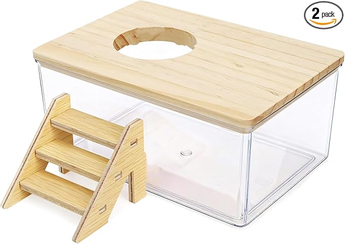 Hamster Sand Bath Box with Wood Cover and Ladder - Rectangle Clear Digging Container - Multifunctional Bathroom for Small Animals for Home and offic