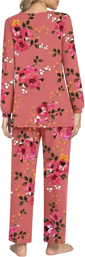 Anyally Women's Plus Size Pajama Sets Ladies Fall Pjs 2 Pieces Lounge Outfits V Neck Long Sleeves Sleepwear with Pockets