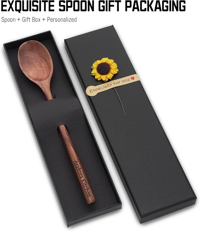 Personalized Wood Soup Spoons, Custom Engraved 9.25 Inch Wooden Spoons for Eating Cooking Mixing Stirring, Long Handle Spoon with Gift Box for Anniversary Birthday Christmas Gifts