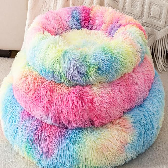 Donut Cat Bed for Indoor Cats,20" Rainbow Calming & Orthopedic Pet Bed - Plush Round Dog Bed with Non-Slip Bottom, Machine Washable for Cats, Small Dogs & Pets Up to 18lbs