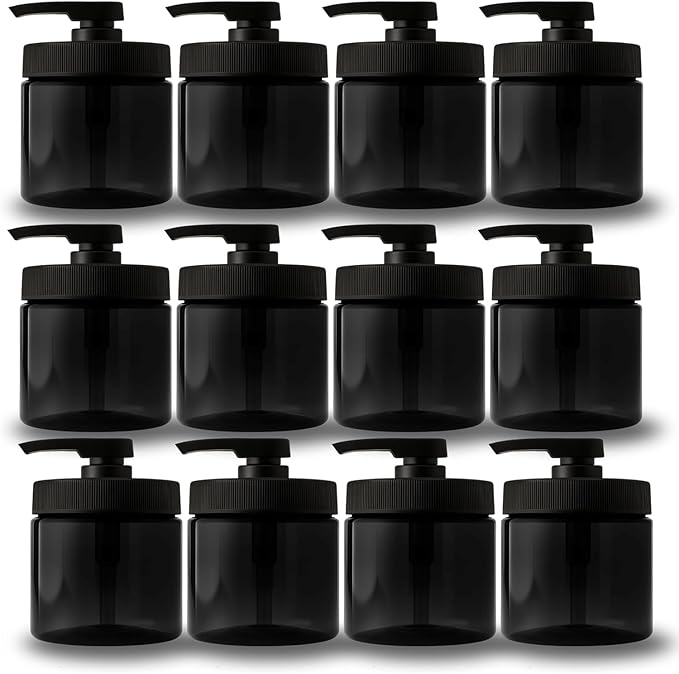 Royal Massage 16oz Refillable Pump Jar with Locking Dip Tube Dispenser – BPA-Free Plastic Container for Massage Oils, Lotions, Creams – Ribbed Lid Wide-Mouth Jar – Durable & Reusable (Black/Black, 12)