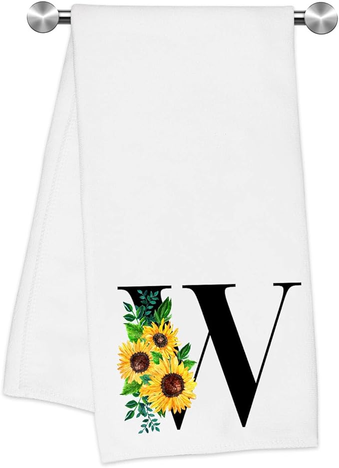 Monogrammed Sunflower Hand Towels,Ini-tial W Tea Towel Letter Kitchen Towels,Sunflower Gifts for Women,Monogram Dish Towel 17x23 Inch,Kitchen Bathroom Decorative Ini-tial Gifts for Mom Wife