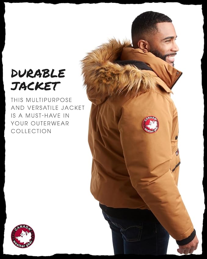 CANADA WEATHER GEAR Mens Winter Bomber Jacket - Heavyweight Winter Coats Weather Resistant Faux Fur Hood Insulated Ski Jacket