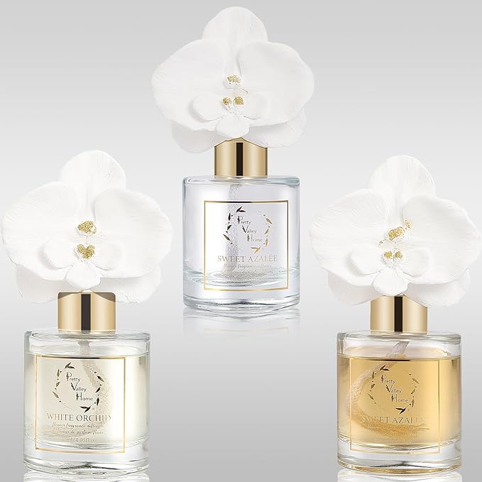 Reed Diffuser Set, Pretty Valley Home Diffuser Gypsum White Orchid Flower Oil 120Ml / 4.05fl OZ Gift Box for Bathroom Office Bathroom Living Room Decor, Long Lasting Fragrance (White Orchid)