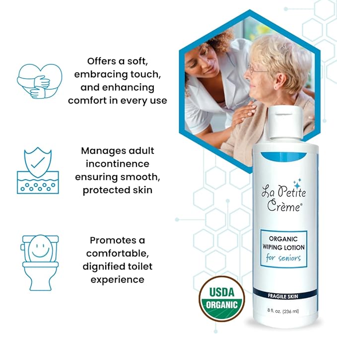 La Petite French Premium Liniment Wiping Lotion for Seniors (8 oz) - Alternative to Wet Wipes, Incontinence Lotion - Moisturizer & Skin Cleanser - USDA Organic Certified & EWG Verified