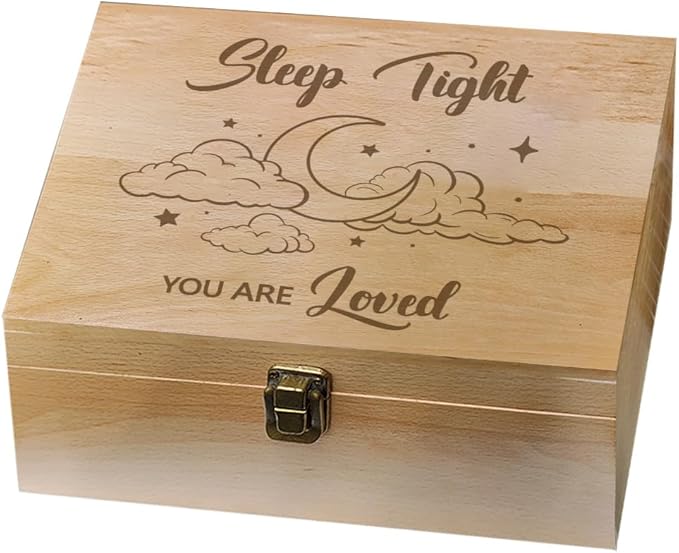 arricraft 1 Pc Wooden Memory Keepsake Box, Sleep Tight You Are Loved Box with Hinged Lids for Baby Anniversary Storage Box Keepsake to Store Photos Letters and Valuables 9.6x7.6x4inch