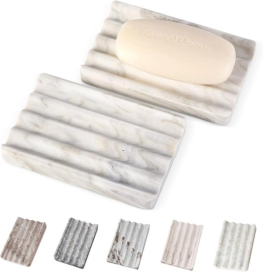 2PCS Koville Italian Natural Marble Soap Dish for Shower, Multi-Color Stone Soap Tray for Bathroom, Bar Soap Holder for Sink, Stripe Grooves Soap Saver Sponge Holder (White/Brown Random)
