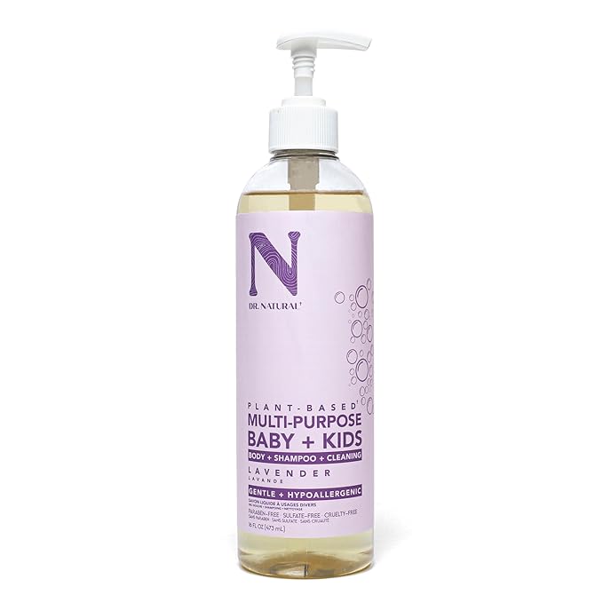 Dr. Natural Multi-Purpose Baby Plus Kids Soap - Body Wash and Shampoo - Gentle Soap with Shea Butter - Newborn Safe - Lavender - 16 oz