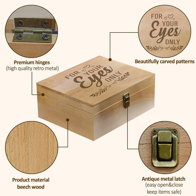 arricraft 1 Pc Wooden Memory Keepsake Box, For Your Eyes Only Memory Box with Hinged Lids Boudoir Photo Boxes for Office or Home Storage Keepsake Chest for Anniversary, Wedding, Memory, Valentines Day
