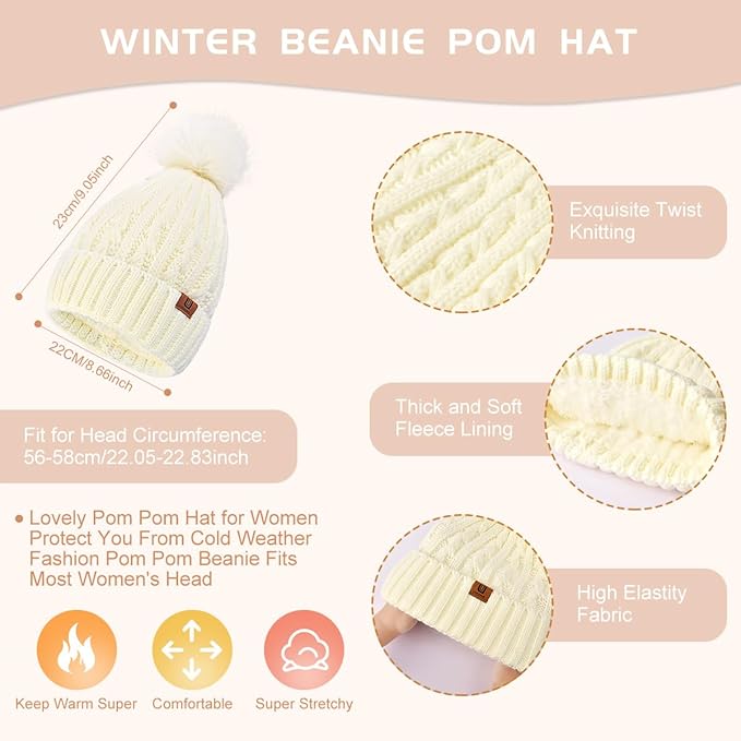 Uerymit Womens Winter Warm Beanie Hat Long Scarf Touchscreen Gloves Set with Fleece Lined Skull Pom Caps 3 in 1 Set for Gift