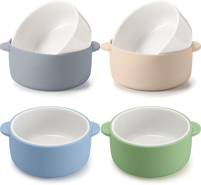 Domensi 4 Sets Kids Porcelain Bowls with Removable Silicone Sleeve 2-in-1 Porcelain Toddler Bowls Microwave Dishwasher Safe Cereal Snack Soup Dishes for Baby Children Feeding Supplies (Morandi Colors)