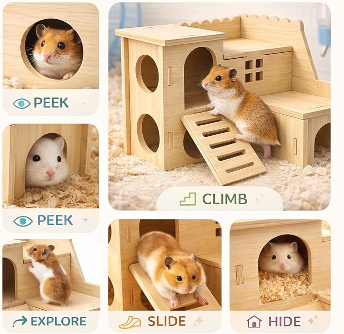 Tiny Hamster Maze Wood House Fun Slide House Double-Decker Hut for Dwarf Gerbil Mouse Mice Rat Small Animals(Only for Small Hamster)